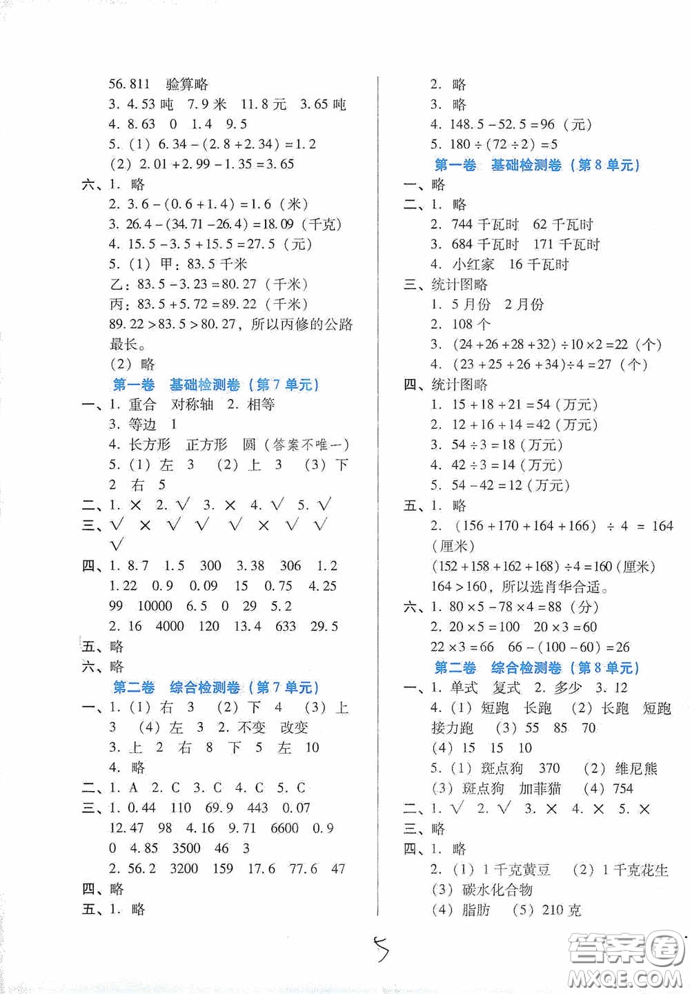 河北少年兒童出版社2021單元檢測(cè)卷四年級(jí)數(shù)學(xué)下冊(cè)人教版答案