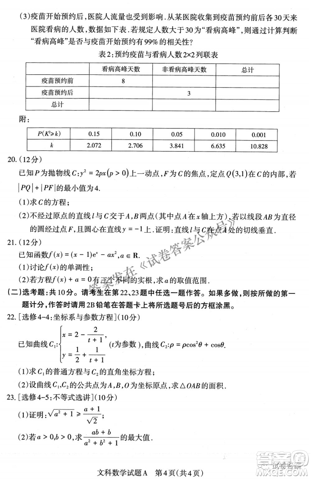 2021年山西省高考考前適應性測試二文科數(shù)學試題及答案