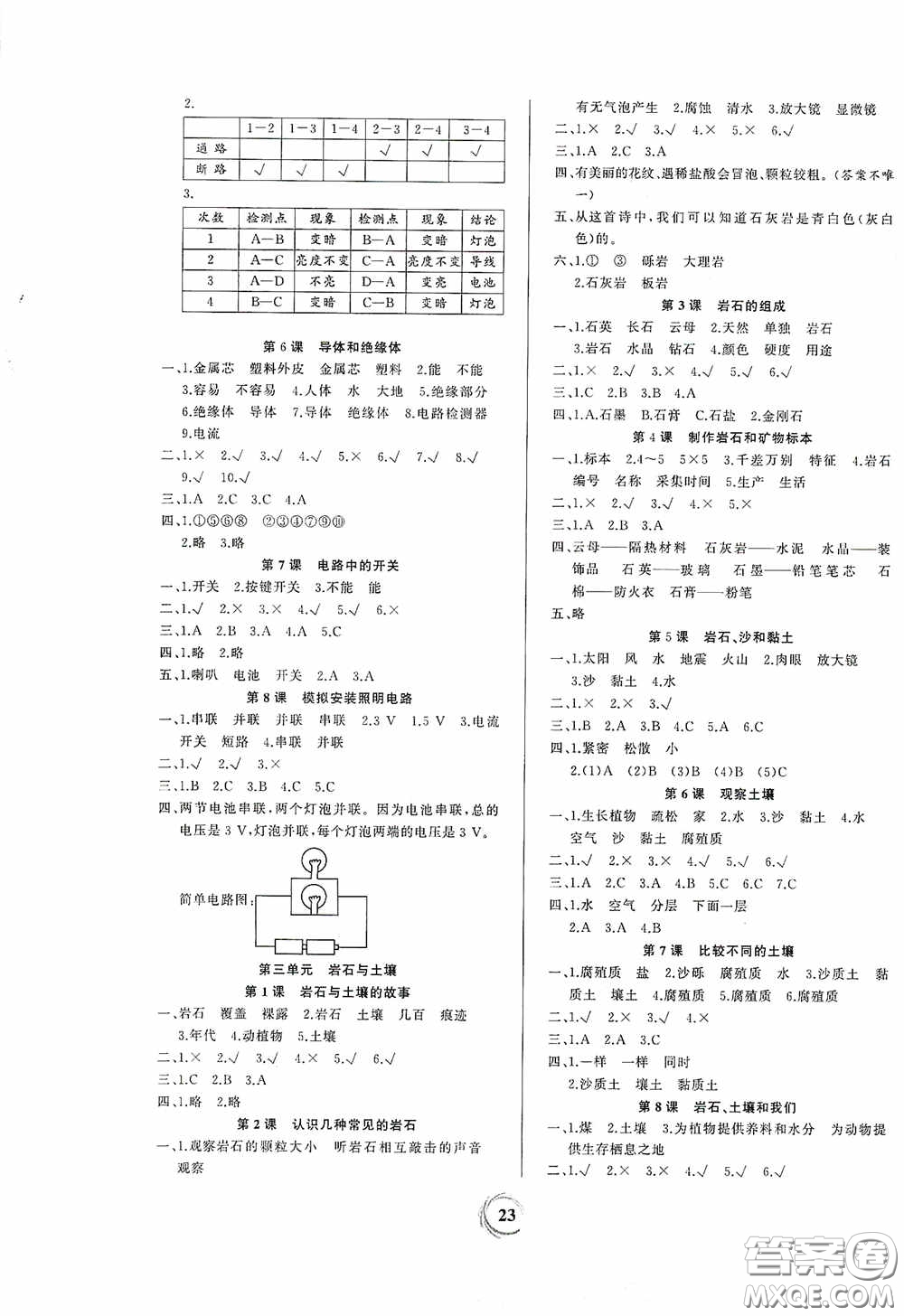 貴州教育出版社2021家庭作業(yè)四年級科學(xué)下冊人教版答案