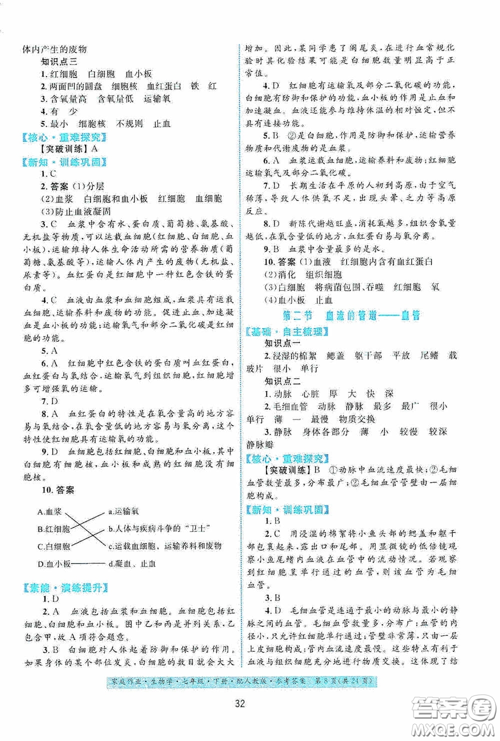 貴州人民出版社2021家庭作業(yè)七年級生物學下冊人教版答案