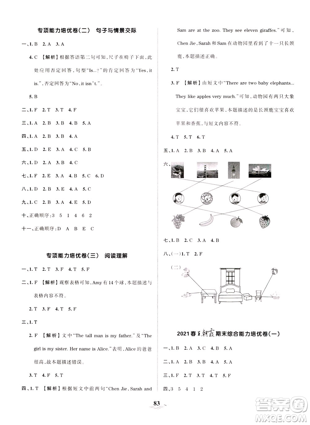 江西人民出版社2021春王朝霞培優(yōu)100分英語(yǔ)三年級(jí)下冊(cè)PEP人教版答案