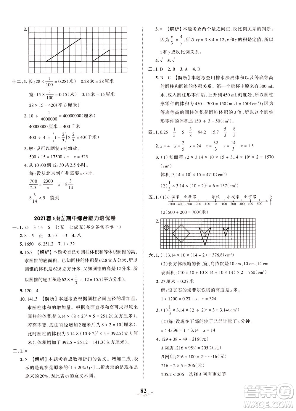 江西人民出版社2021春王朝霞培優(yōu)100分數(shù)學(xué)六年級下冊RJ人教版答案