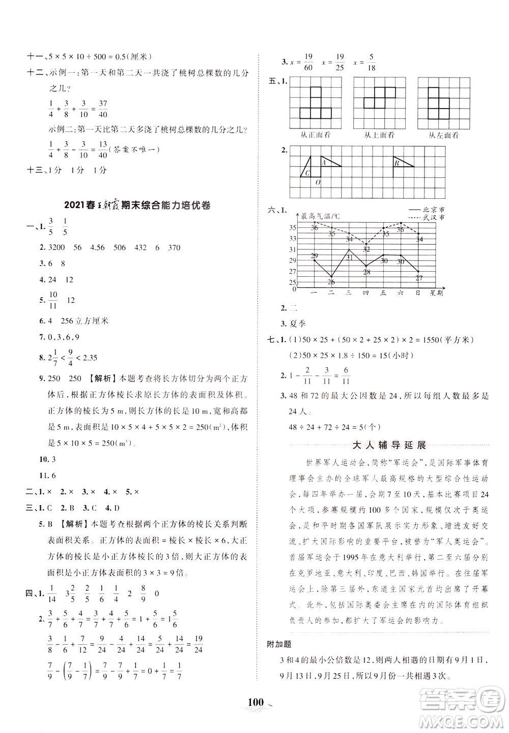 江西人民出版社2021春王朝霞培優(yōu)100分?jǐn)?shù)學(xué)五年級下冊RJ人教版答案