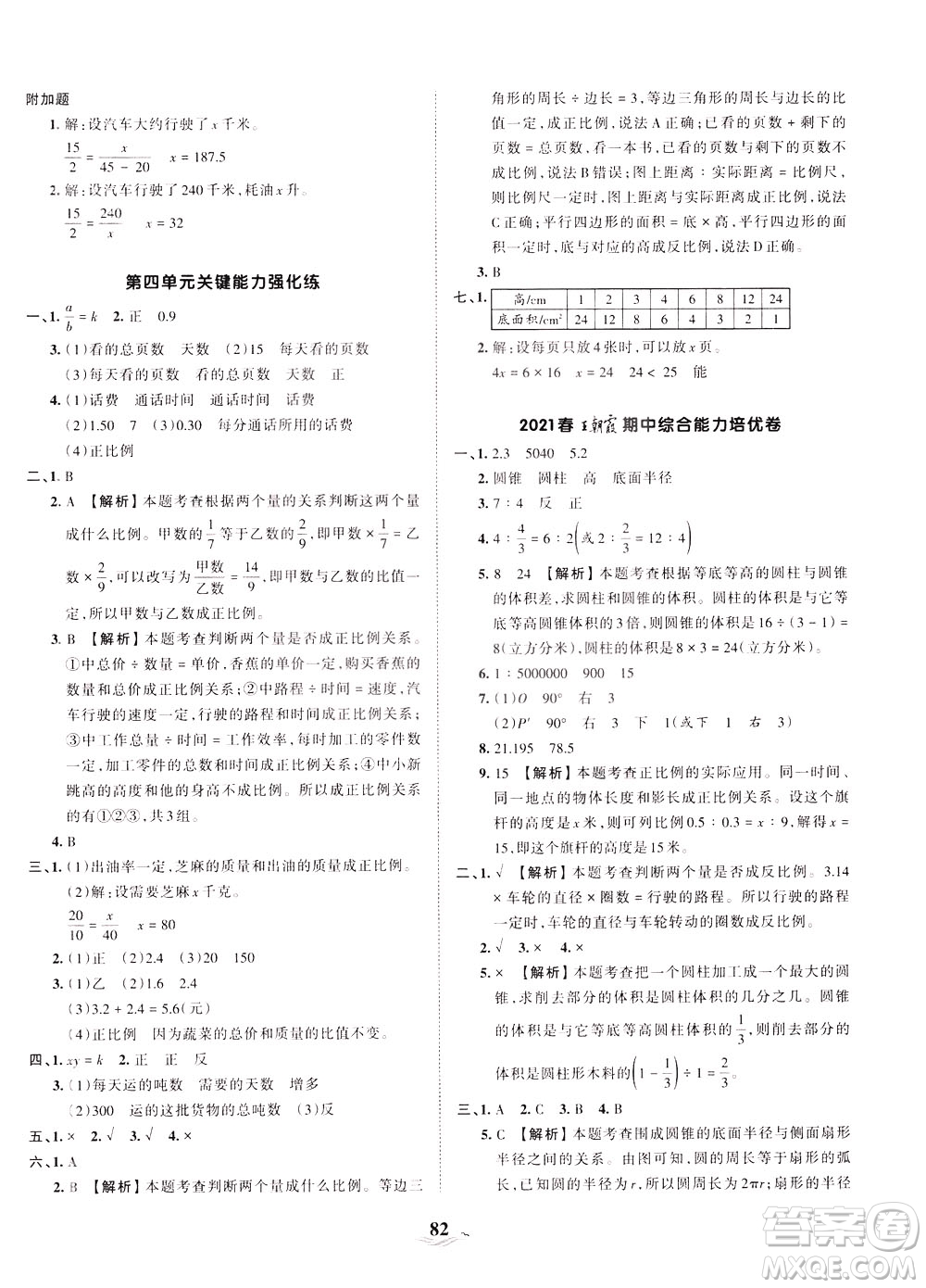 江西人民出版社2021春王朝霞培優(yōu)100分數學六年級下冊BS北師大版答案