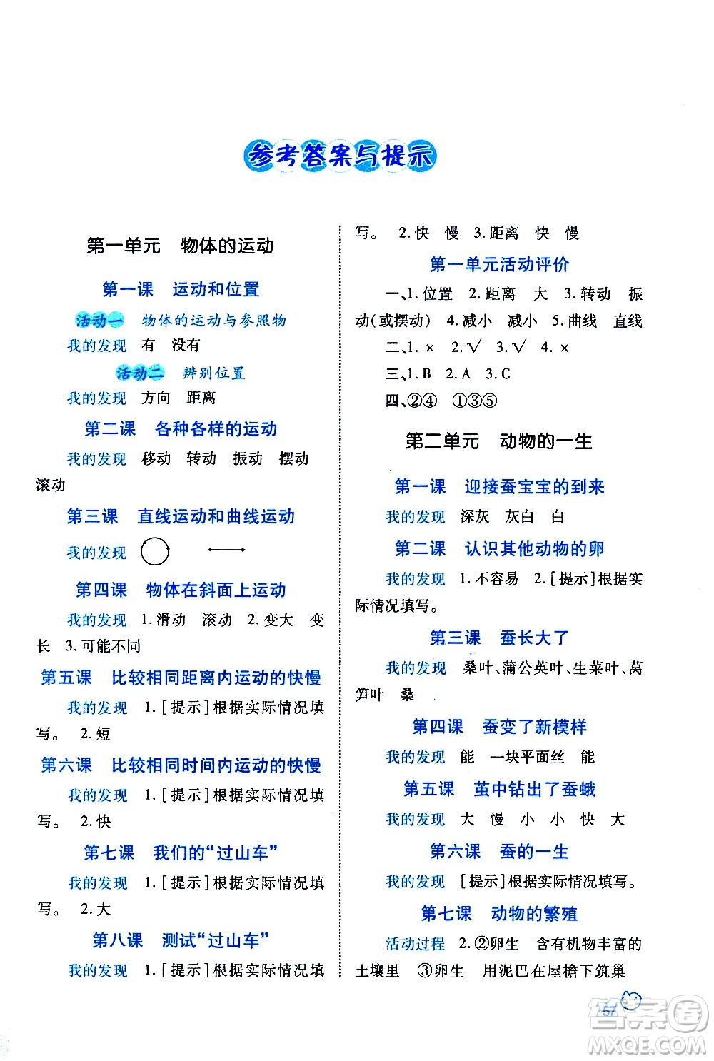 陜西師范大學(xué)出版總社有限公司2021績優(yōu)學(xué)案科學(xué)三年級下冊教科版答案