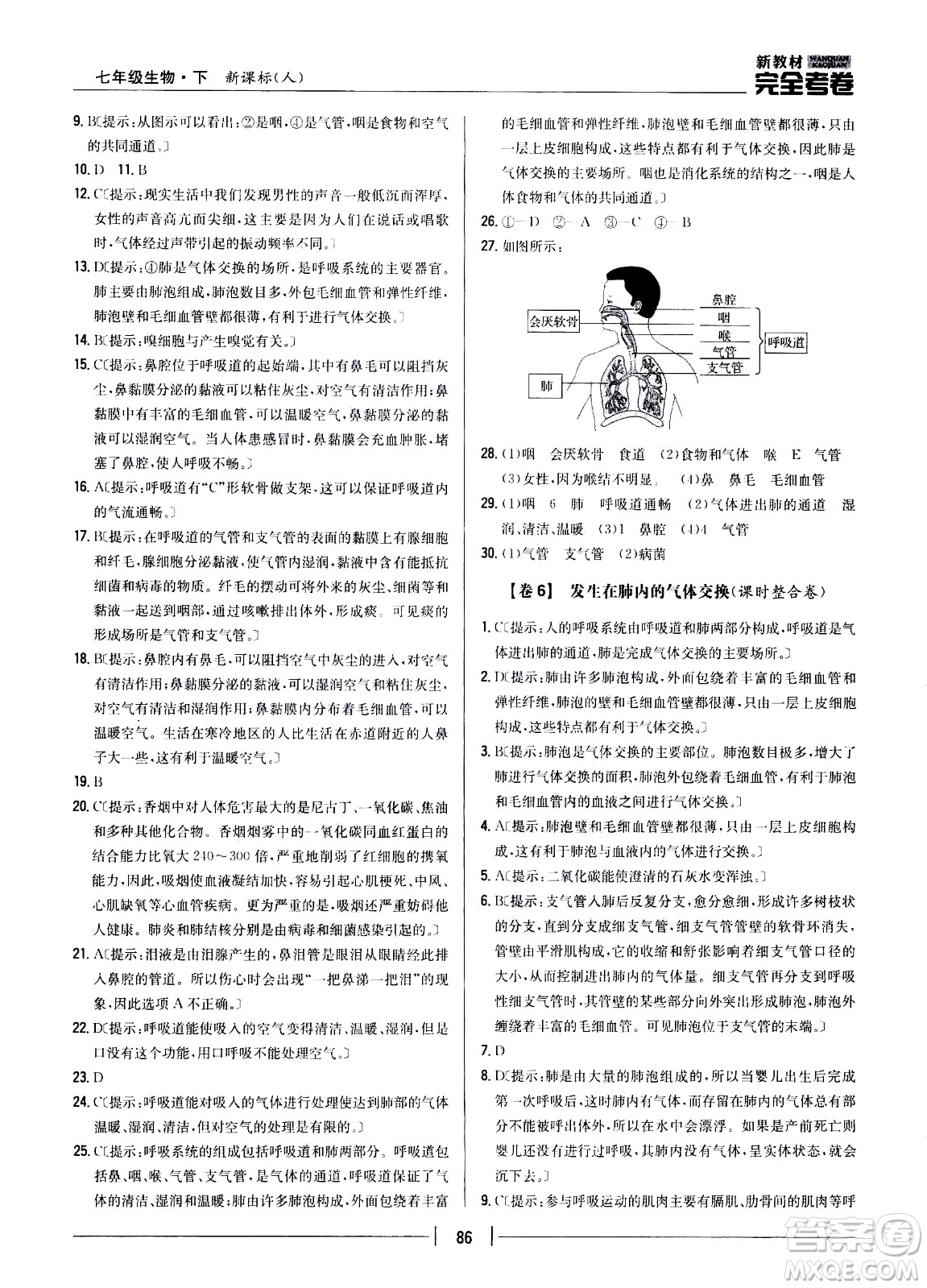 吉林人民出版社2021新教材完全考卷七年級生物下新課標人教版答案