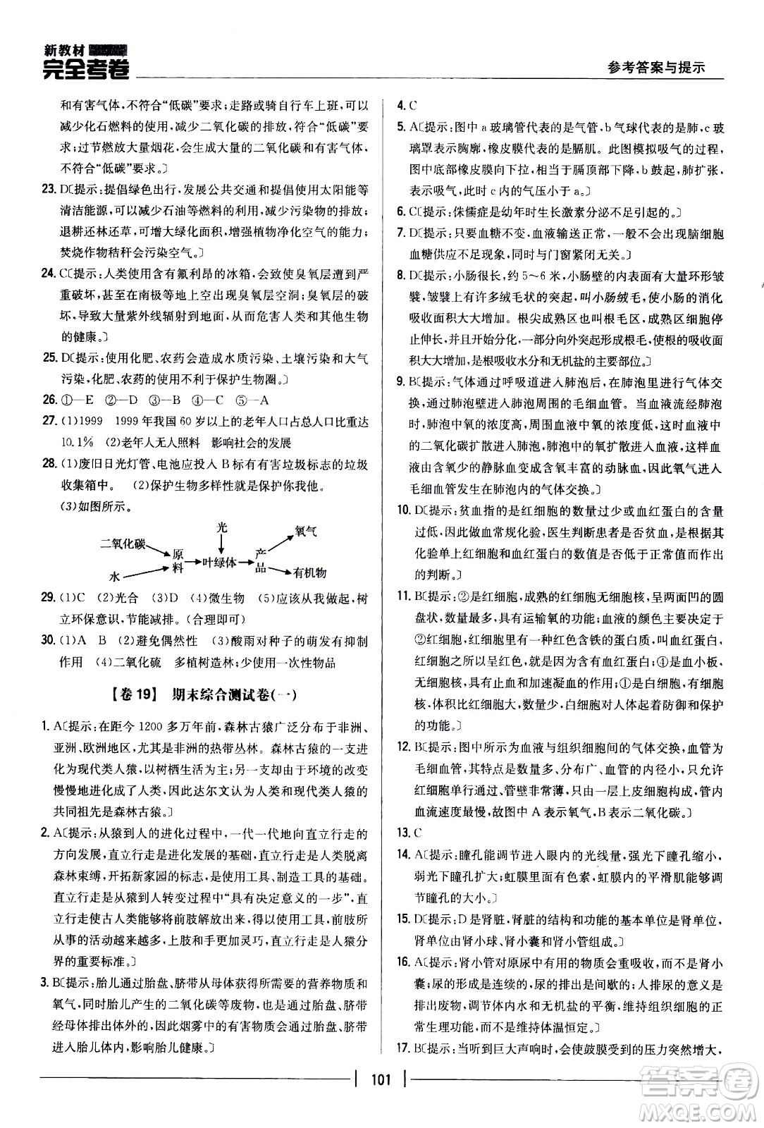 吉林人民出版社2021新教材完全考卷七年級生物下新課標人教版答案