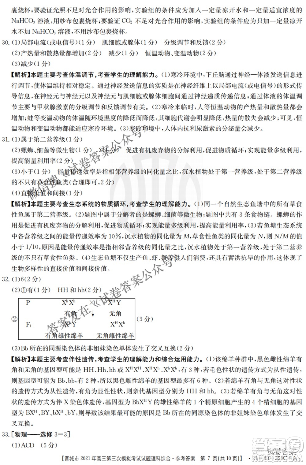 晉城市2021年高三第三次模擬考試?yán)砜凭C合試題及答案