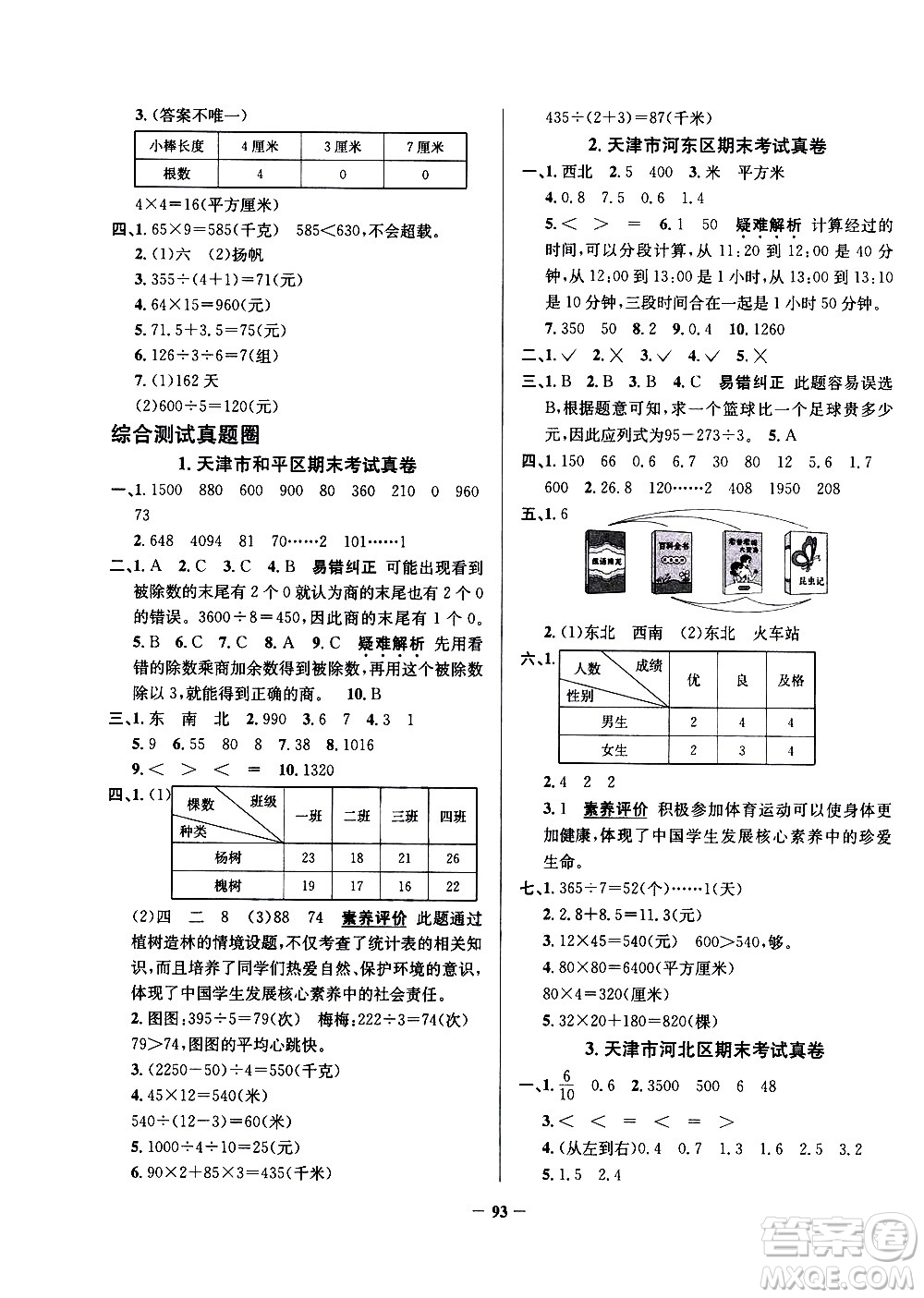 陜西人民教育出版社2021年真題圈天津市小學考試真卷三步練數(shù)學三年級下冊答案