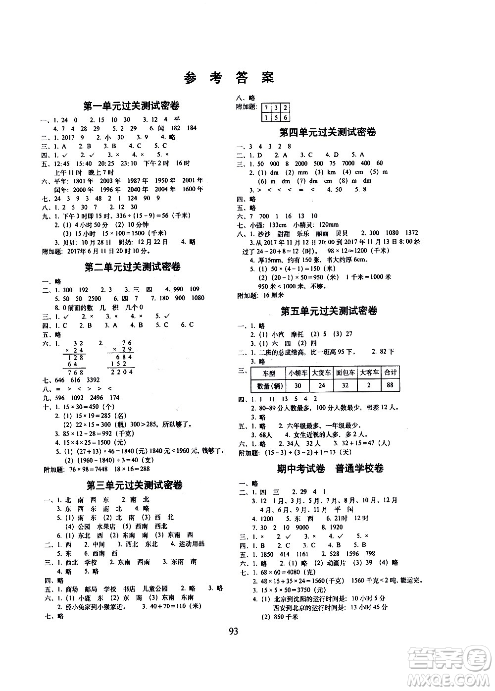 長(zhǎng)春出版社2021春期末沖刺100分完全試卷數(shù)學(xué)三年級(jí)下冊(cè)冀教版答案