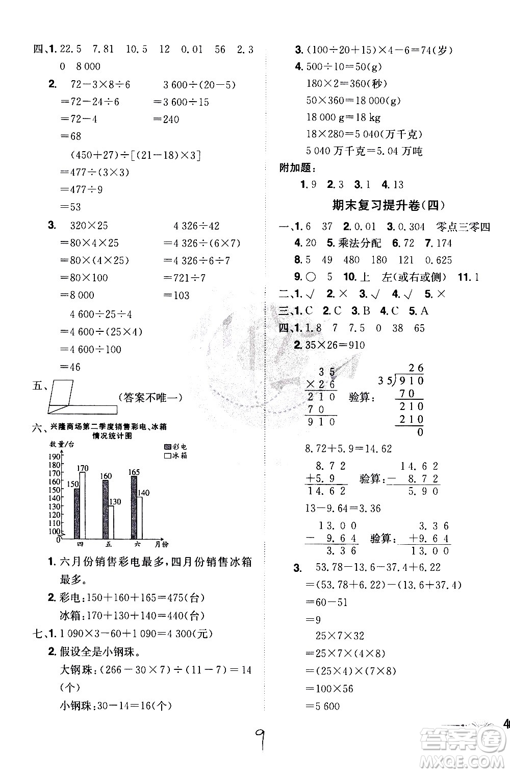 江西美術(shù)出版社2021魔力一卷通小學(xué)期末沖刺100分?jǐn)?shù)學(xué)四年級(jí)下冊(cè)RJ人教版答案