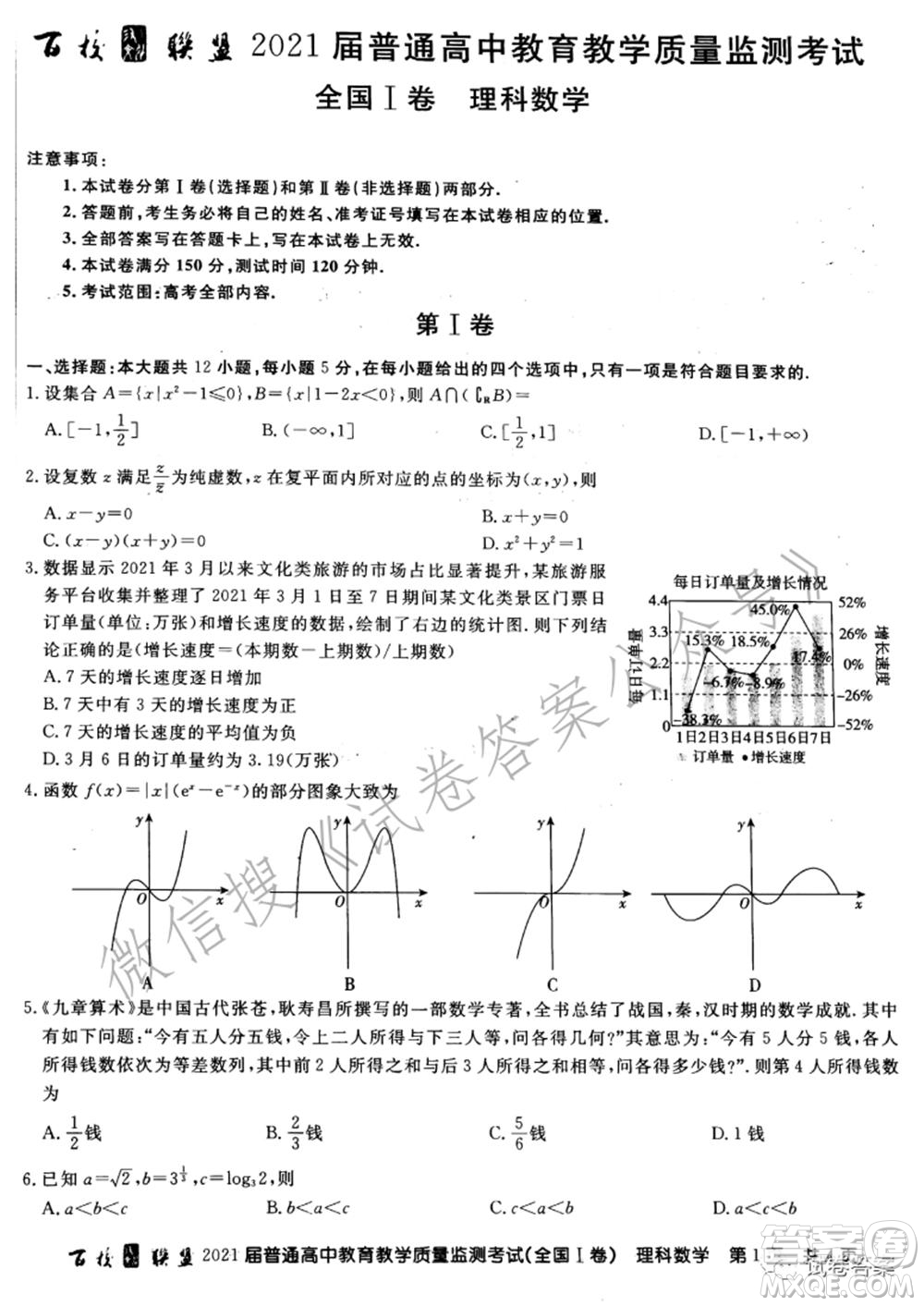 百校聯(lián)盟2021屆普通高中教育教學(xué)質(zhì)量監(jiān)測考試全國I卷理科數(shù)學(xué)試題及答案