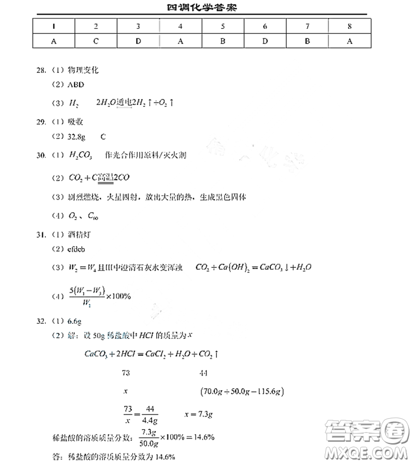 2020-2021學年度武漢市九年級4月質(zhì)量監(jiān)測初三化學答案