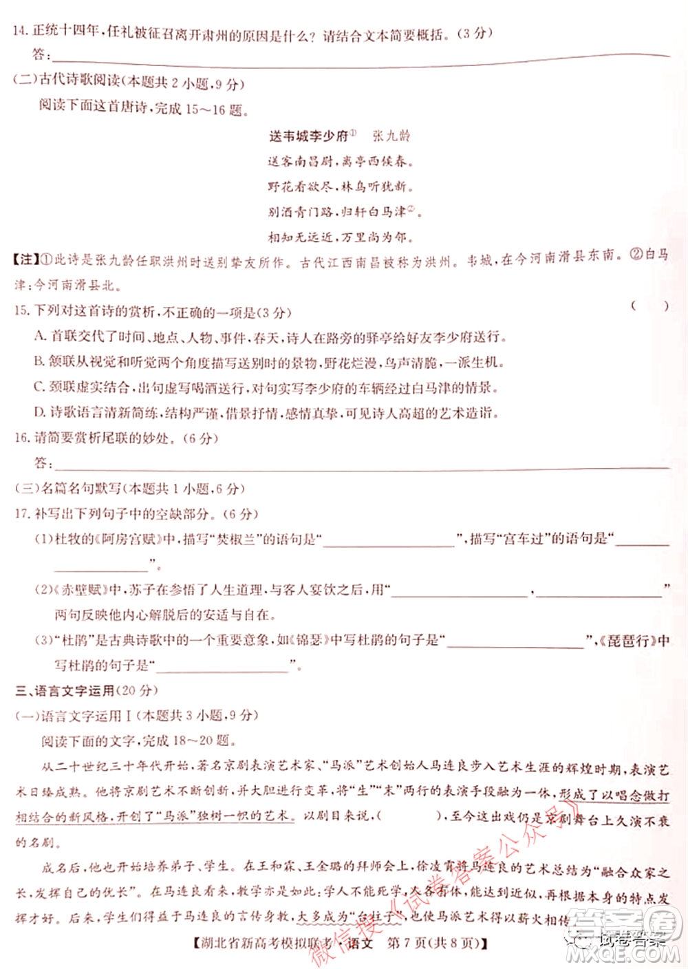 2020-2021學(xué)年湖北省新高考模擬聯(lián)考語(yǔ)文試題及答案