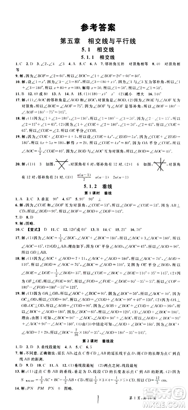 吉林教育出版社2021名校課堂河北專版領(lǐng)導(dǎo)者數(shù)學(xué)七年級下冊RJ人教版答案