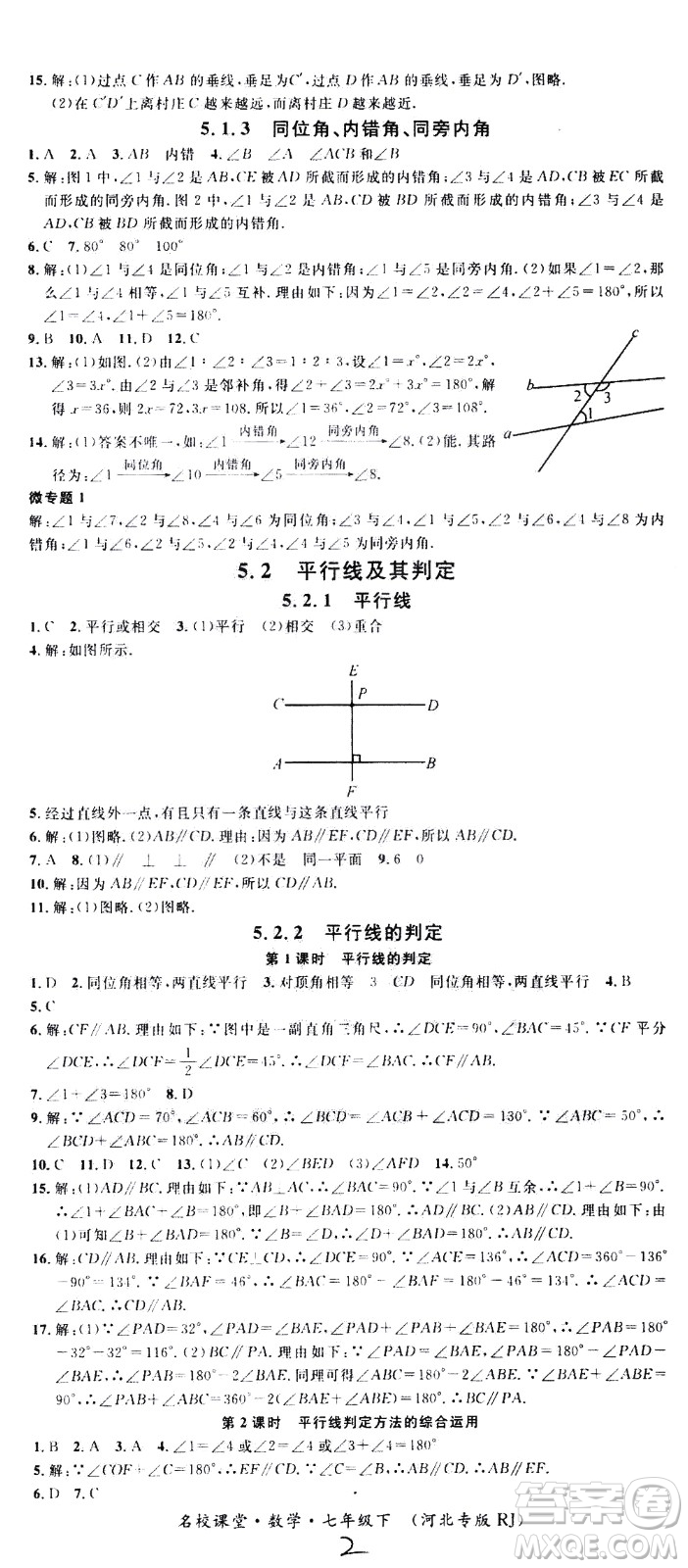 吉林教育出版社2021名校課堂河北專版領(lǐng)導(dǎo)者數(shù)學(xué)七年級下冊RJ人教版答案