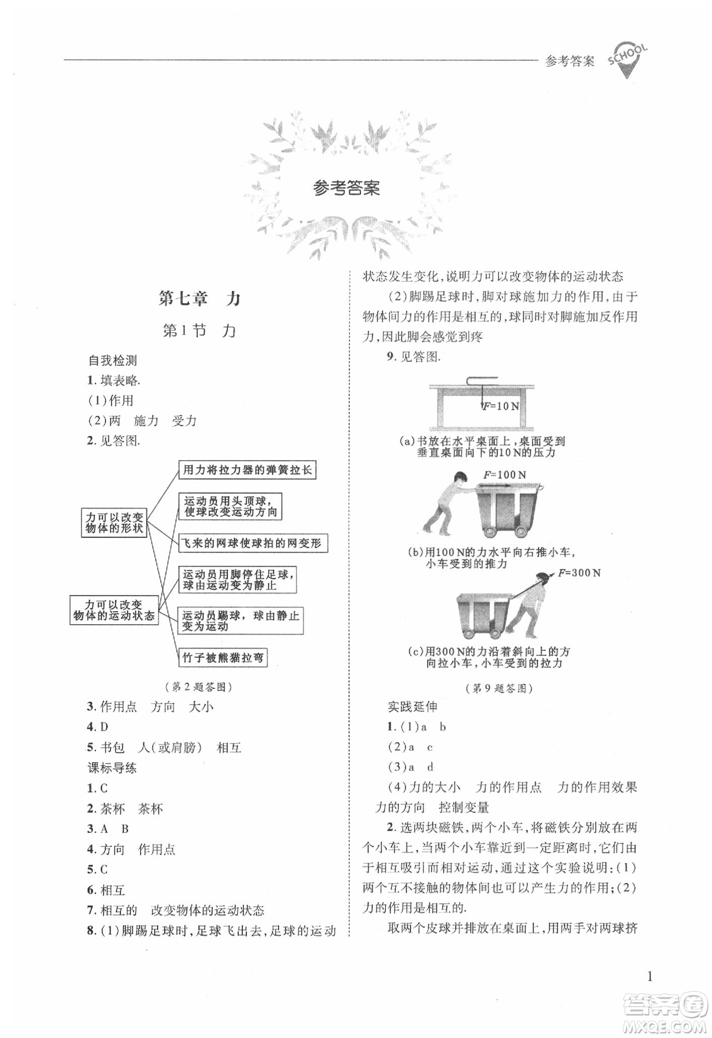 山西教育出版社2021新課程問題解決導(dǎo)學(xué)方案物理八年級下冊人教版答案