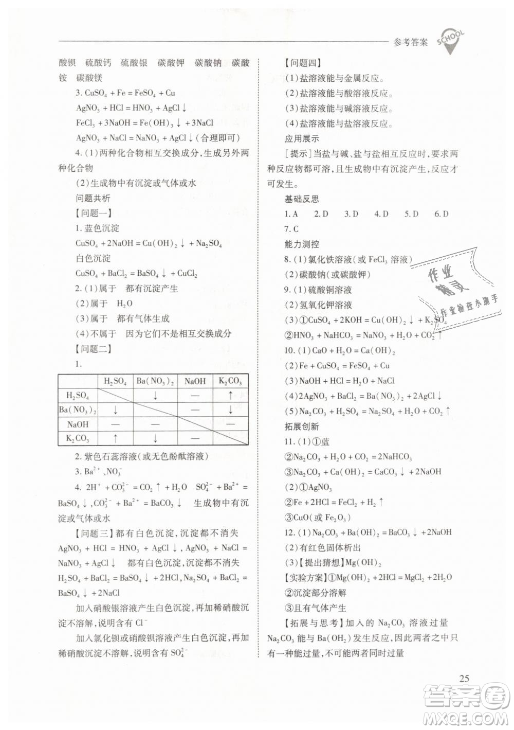 山西教育出版社2021新課程問題解決導(dǎo)學(xué)方案化學(xué)九年級下冊人教版答案