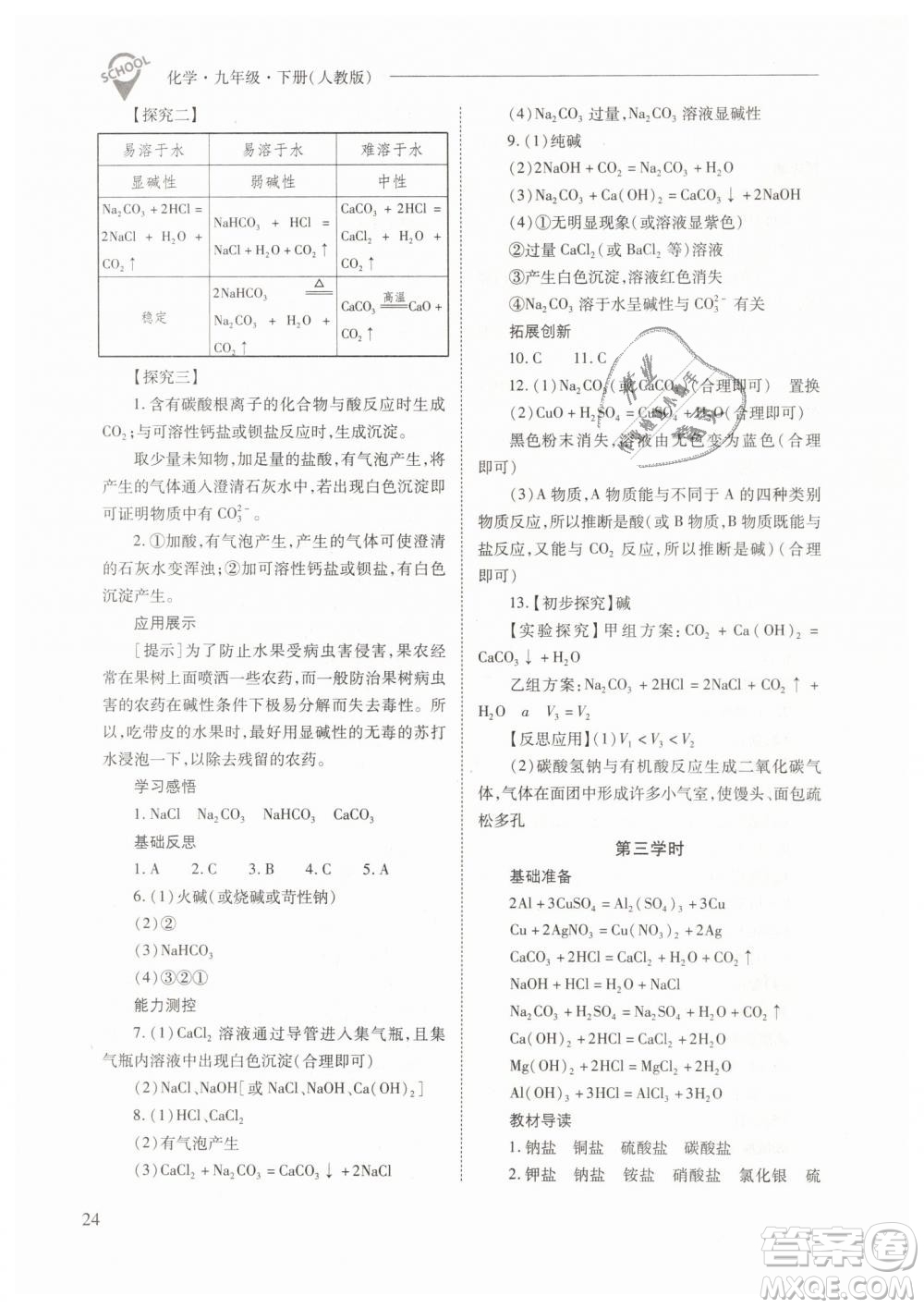 山西教育出版社2021新課程問題解決導(dǎo)學(xué)方案化學(xué)九年級下冊人教版答案