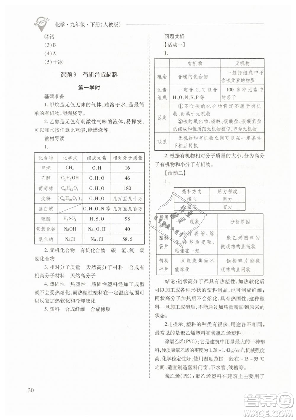 山西教育出版社2021新課程問題解決導(dǎo)學(xué)方案化學(xué)九年級下冊人教版答案