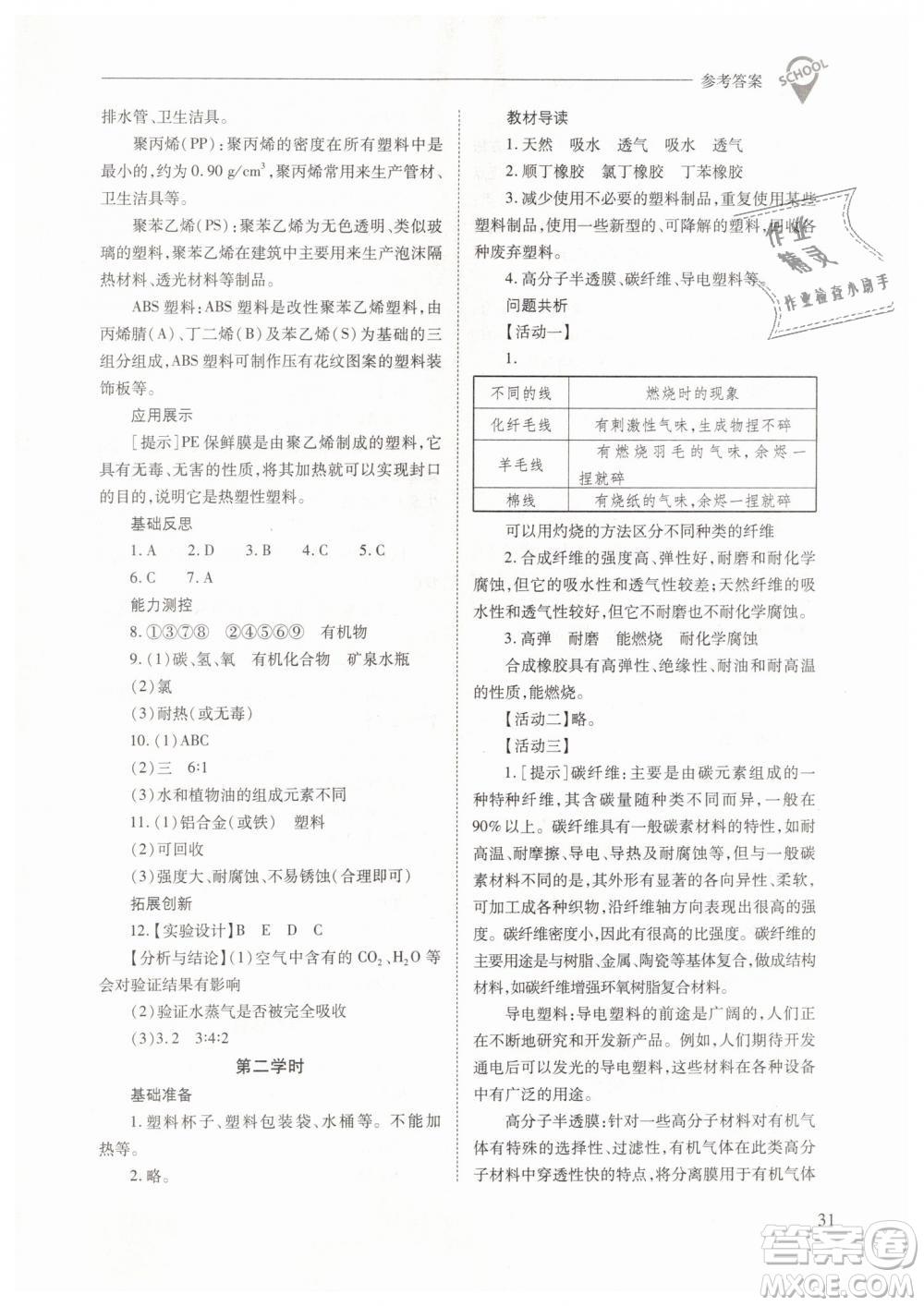 山西教育出版社2021新課程問題解決導(dǎo)學(xué)方案化學(xué)九年級下冊人教版答案