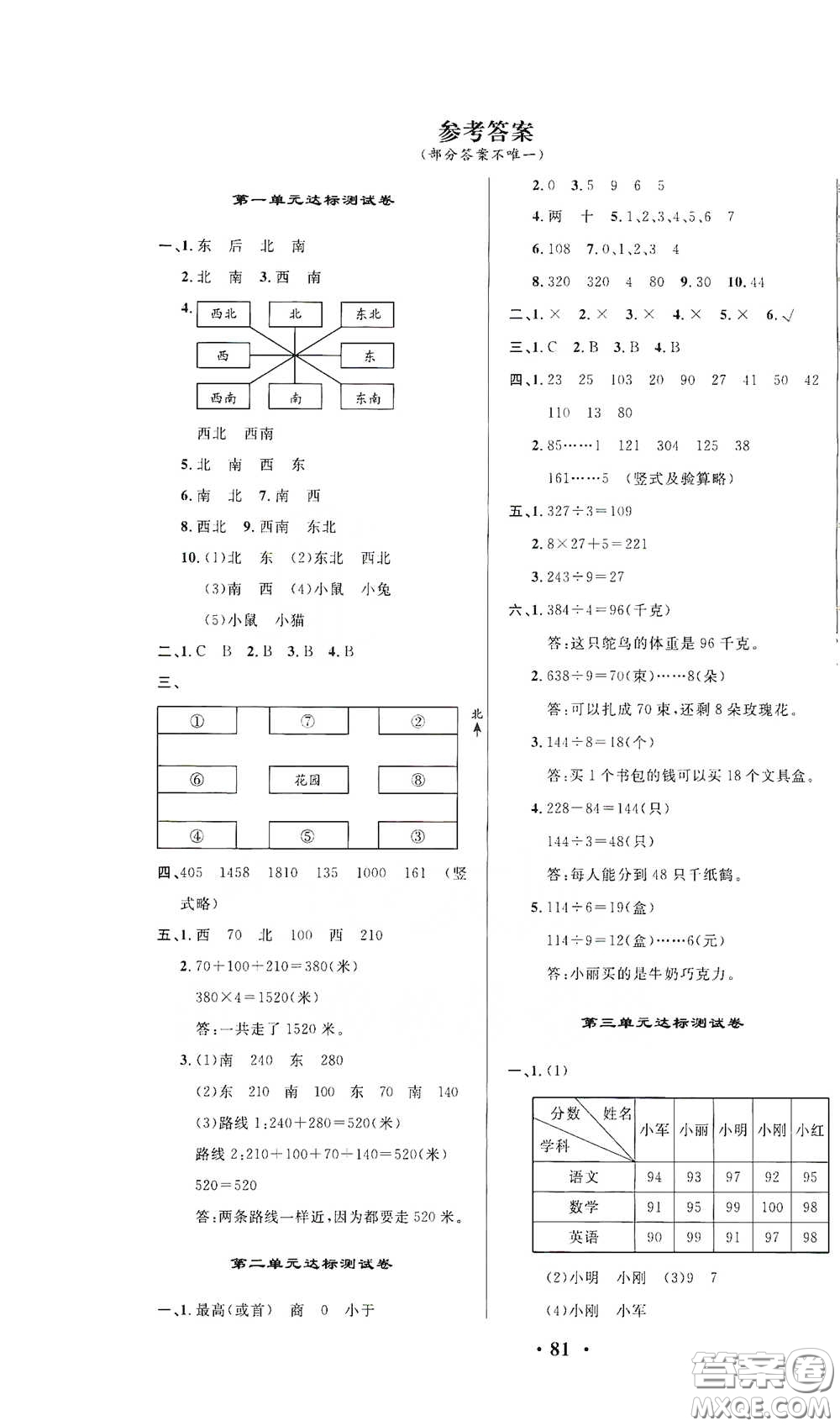 2021期末提分卷三年級數(shù)學下冊答案