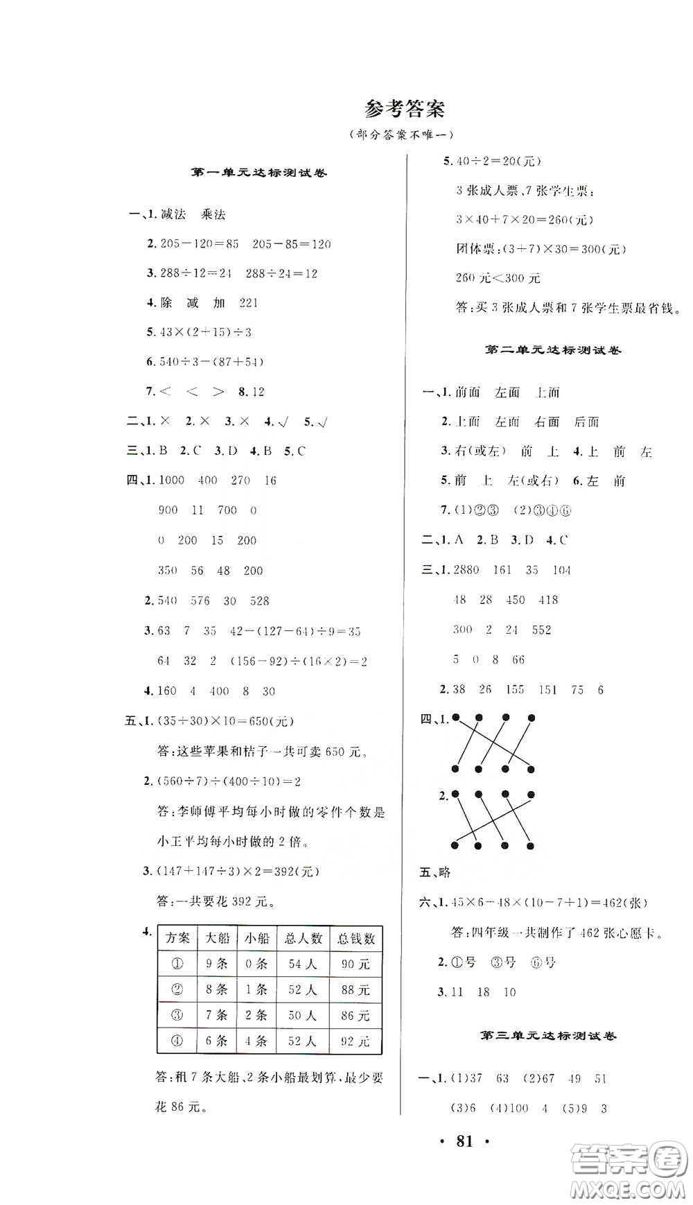 2021期末提分卷四年級(jí)數(shù)學(xué)下冊(cè)答案