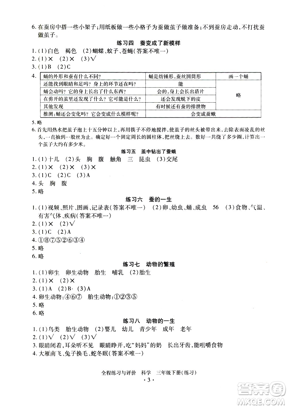 浙江人民出版社2021全程練習(xí)與評價練習(xí)三年級下冊科學(xué)J冀教版答案