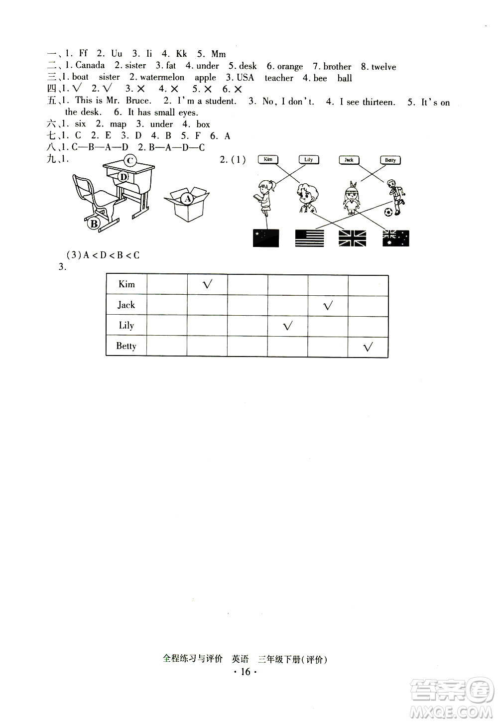 浙江人民出版社2021全程練習與評價評價三年級下冊英語R人教版答案