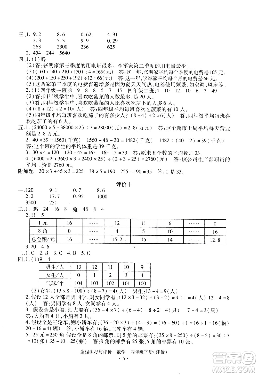 浙江人民出版社2021全程練習與評價評價四年級下冊數(shù)學R人教版答案