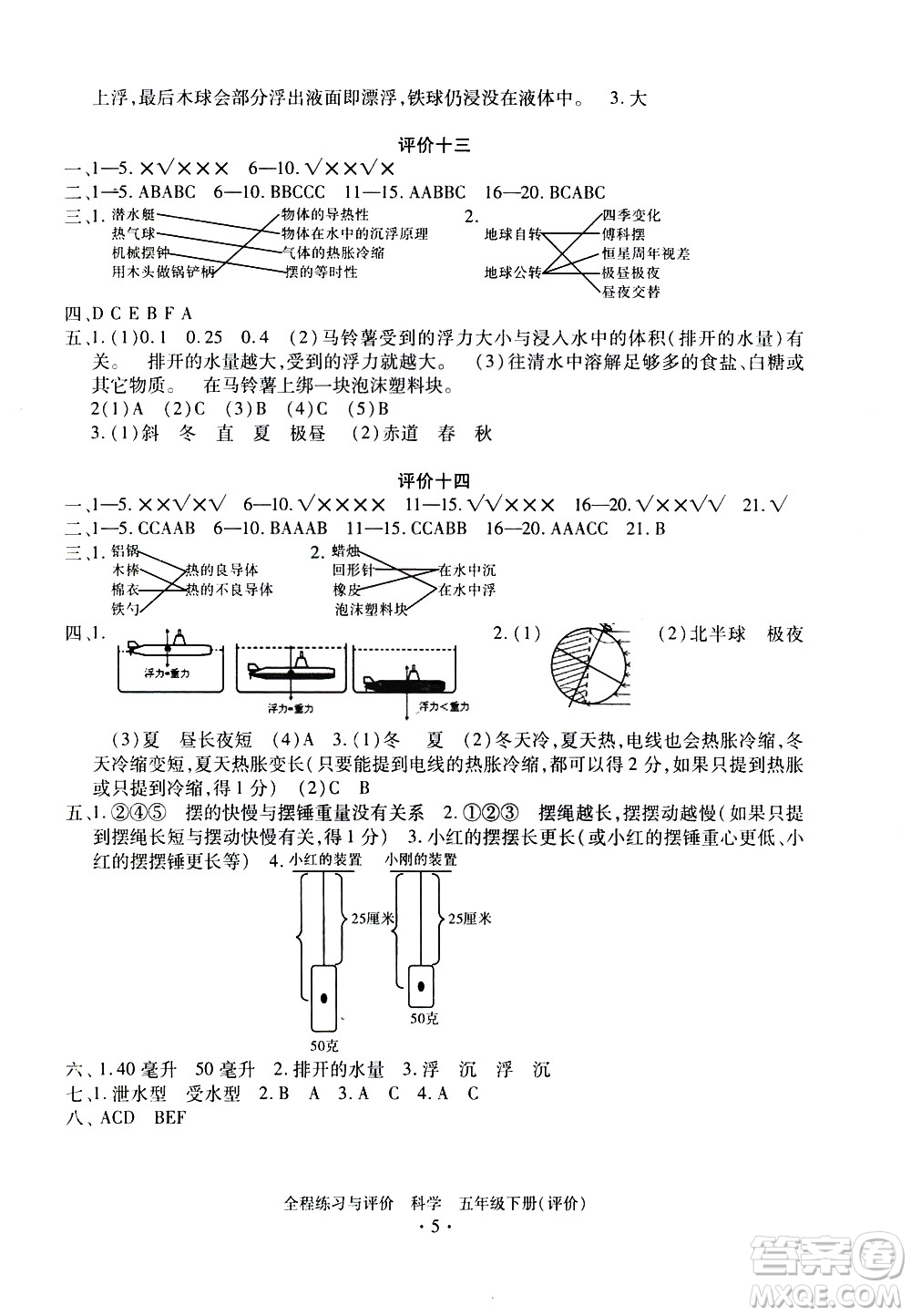 浙江人民出版社2021全程練習(xí)與評(píng)價(jià)評(píng)價(jià)五年級(jí)下冊(cè)科學(xué)J冀教版答案