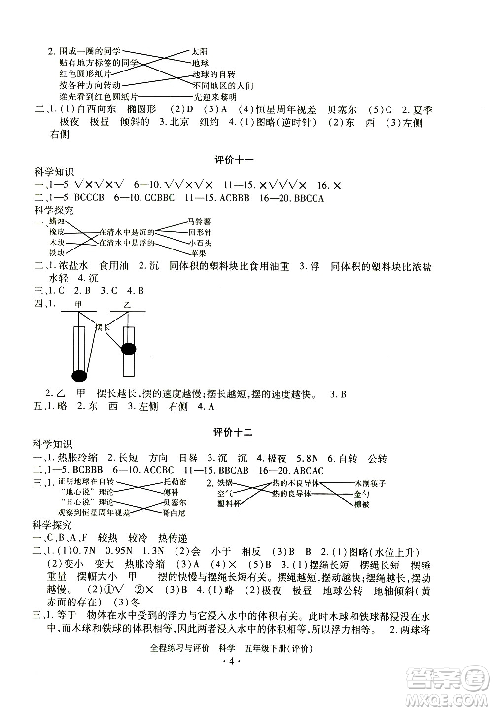 浙江人民出版社2021全程練習(xí)與評(píng)價(jià)評(píng)價(jià)五年級(jí)下冊(cè)科學(xué)J冀教版答案