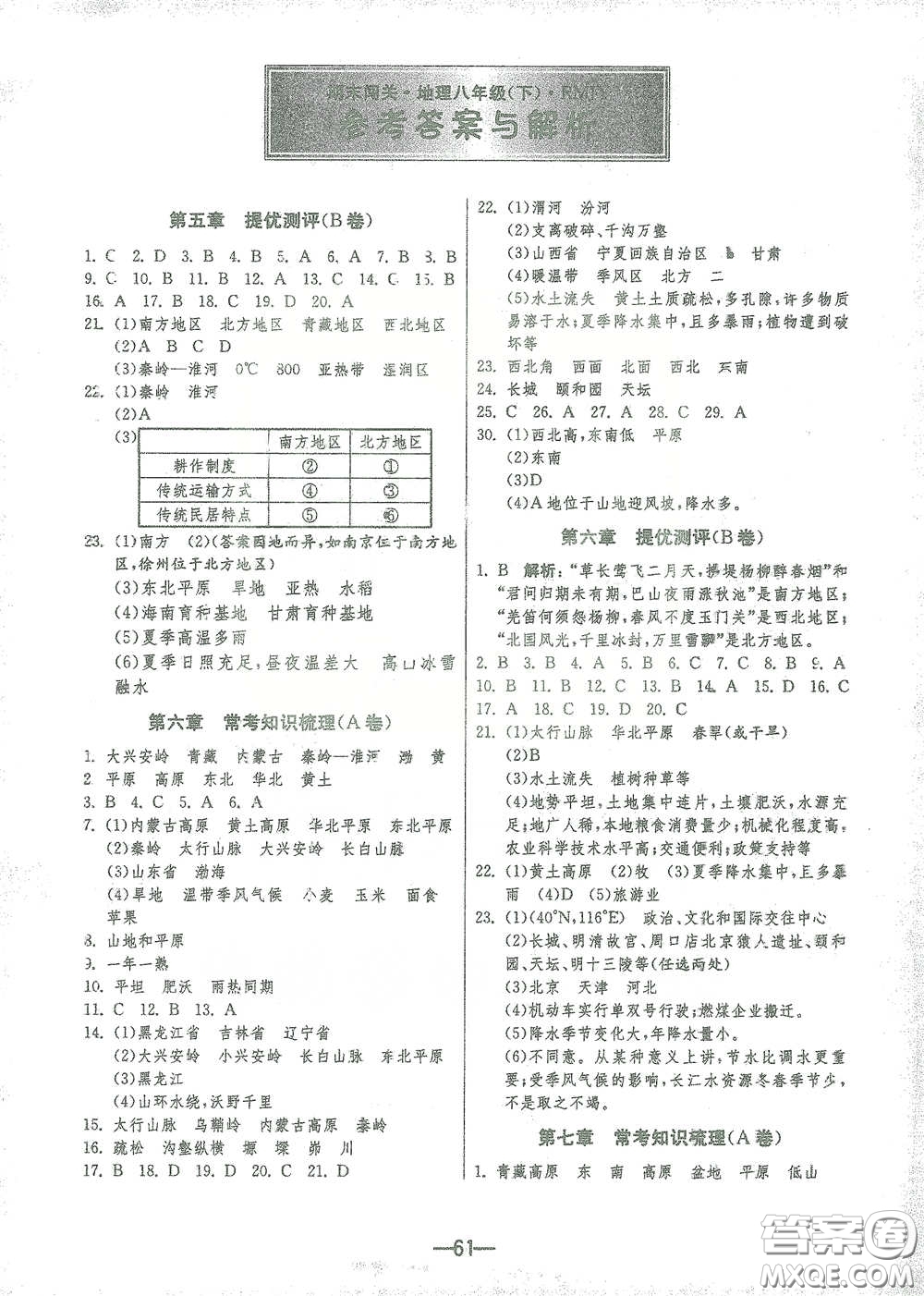 江蘇人民出版社2021期末闖關(guān)八年級(jí)地理下冊(cè)人民教育版答案