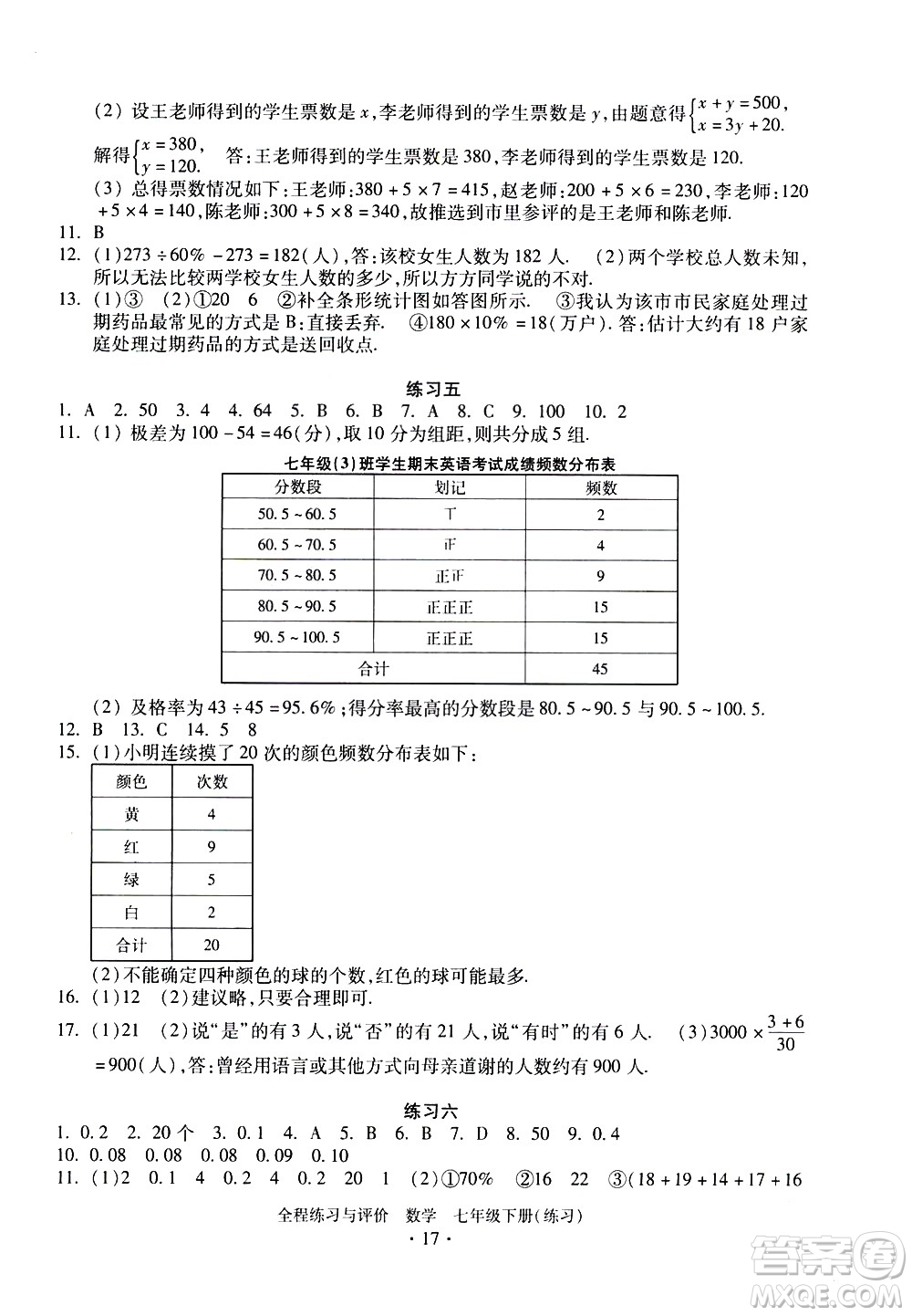 浙江人民出版社2021全程練習與評價練習七年級下冊數(shù)學ZH浙教版答案