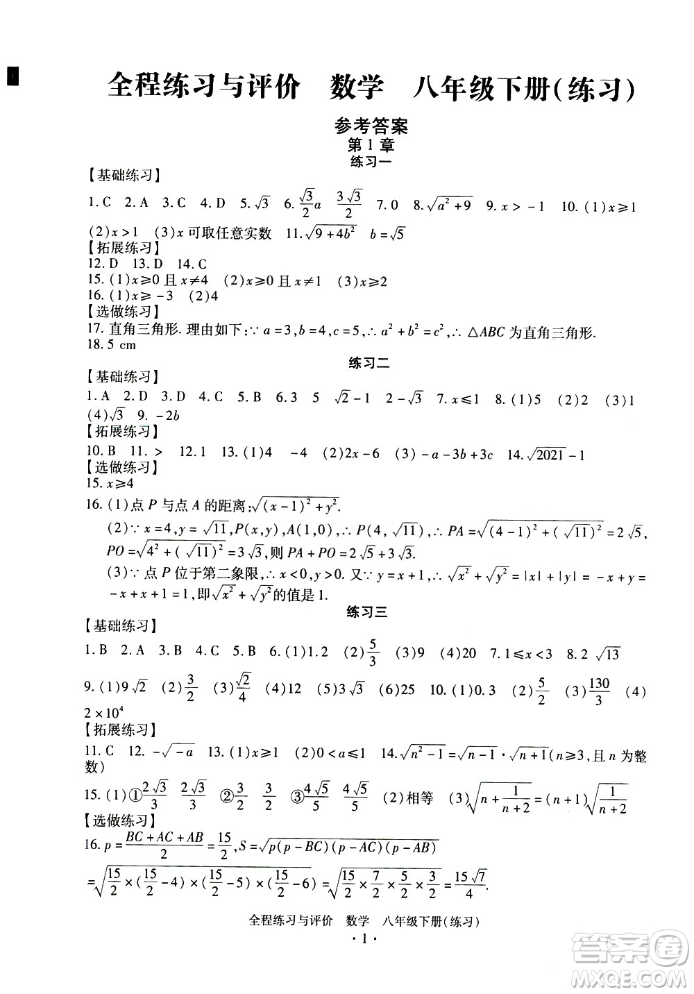 浙江人民出版社2021全程練習與評價練習八年級下冊數(shù)學ZH浙教版答案