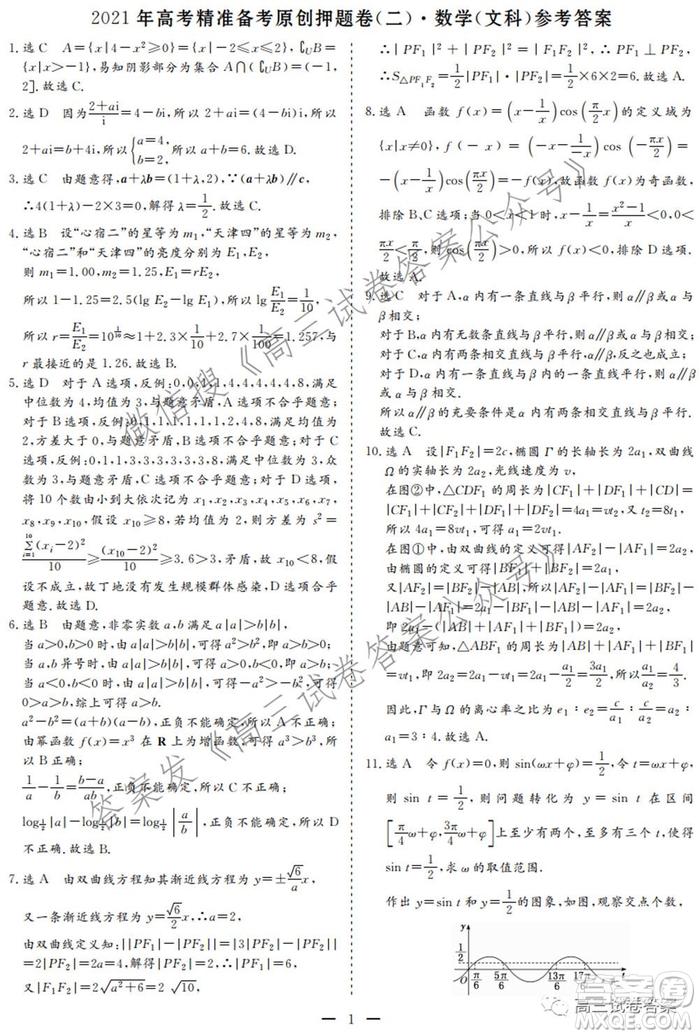 2021年高考精準(zhǔn)備考原創(chuàng)押題二文科數(shù)學(xué)試卷及答案