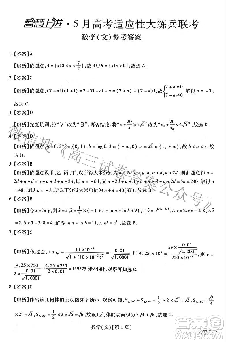 智慧上進5月高考適應(yīng)性大練兵聯(lián)考文理數(shù)答案