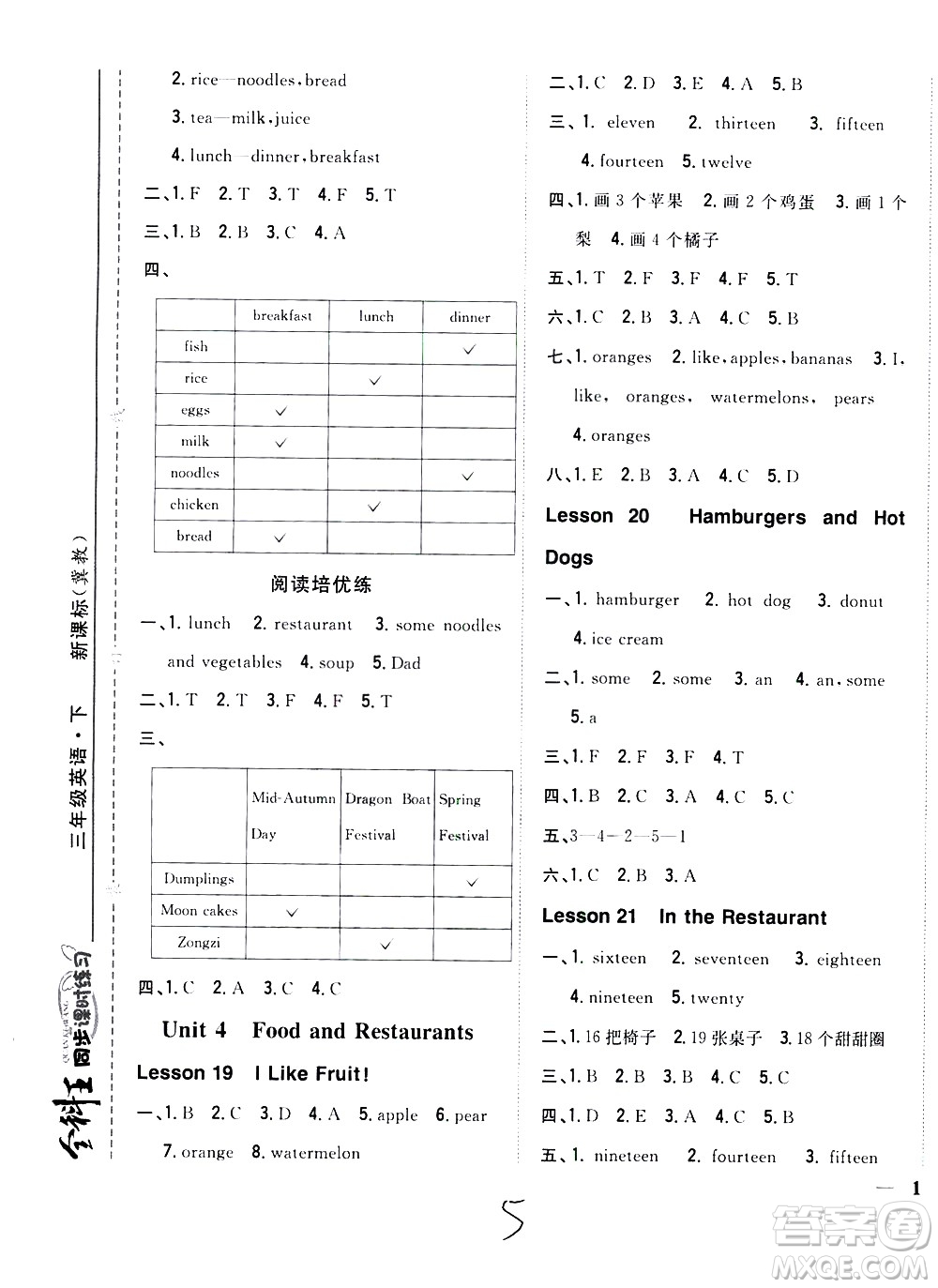 吉林人民出版社2021全科王同步課時(shí)練習(xí)英語(yǔ)三年級(jí)下冊(cè)新課標(biāo)冀教版答案