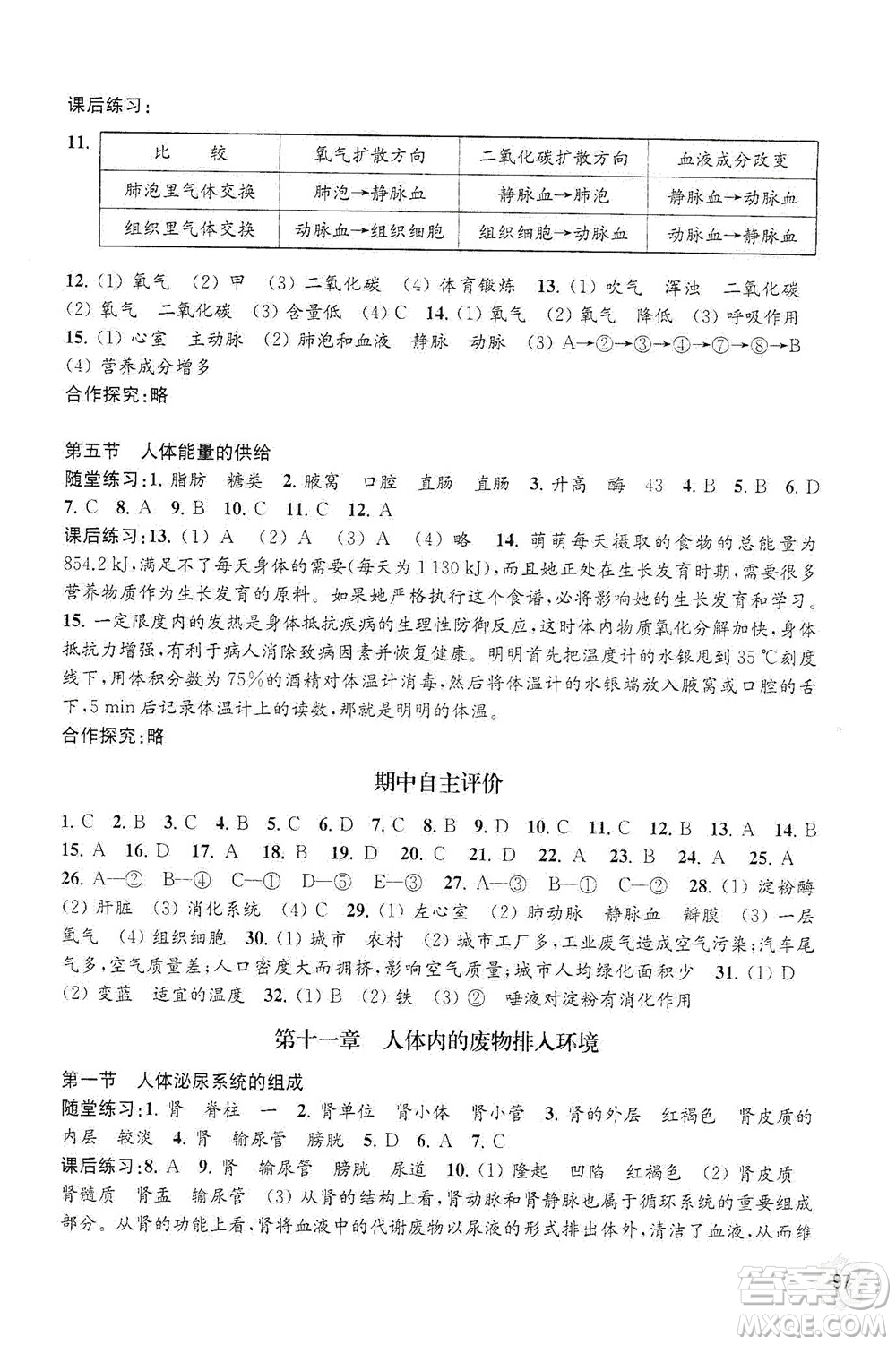 江蘇鳳凰教育出版社2021年生物學(xué)配套綜合練習(xí)七年級下冊江蘇教育版答案