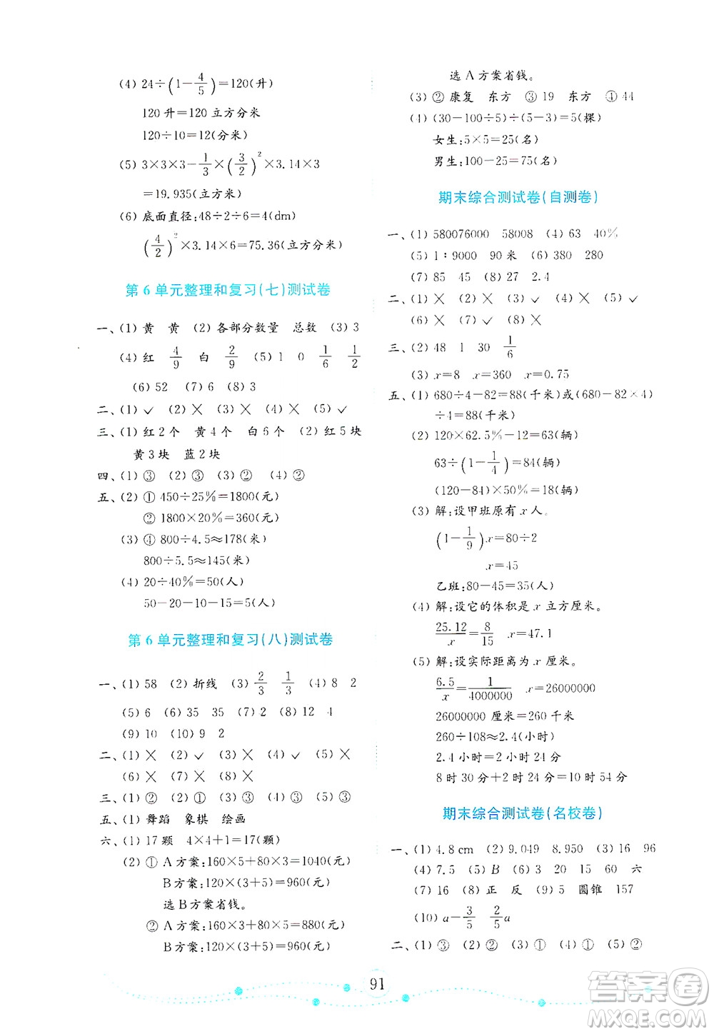 山東教育出版社2021年小學數學金鑰匙試卷六年級下冊人教版答案