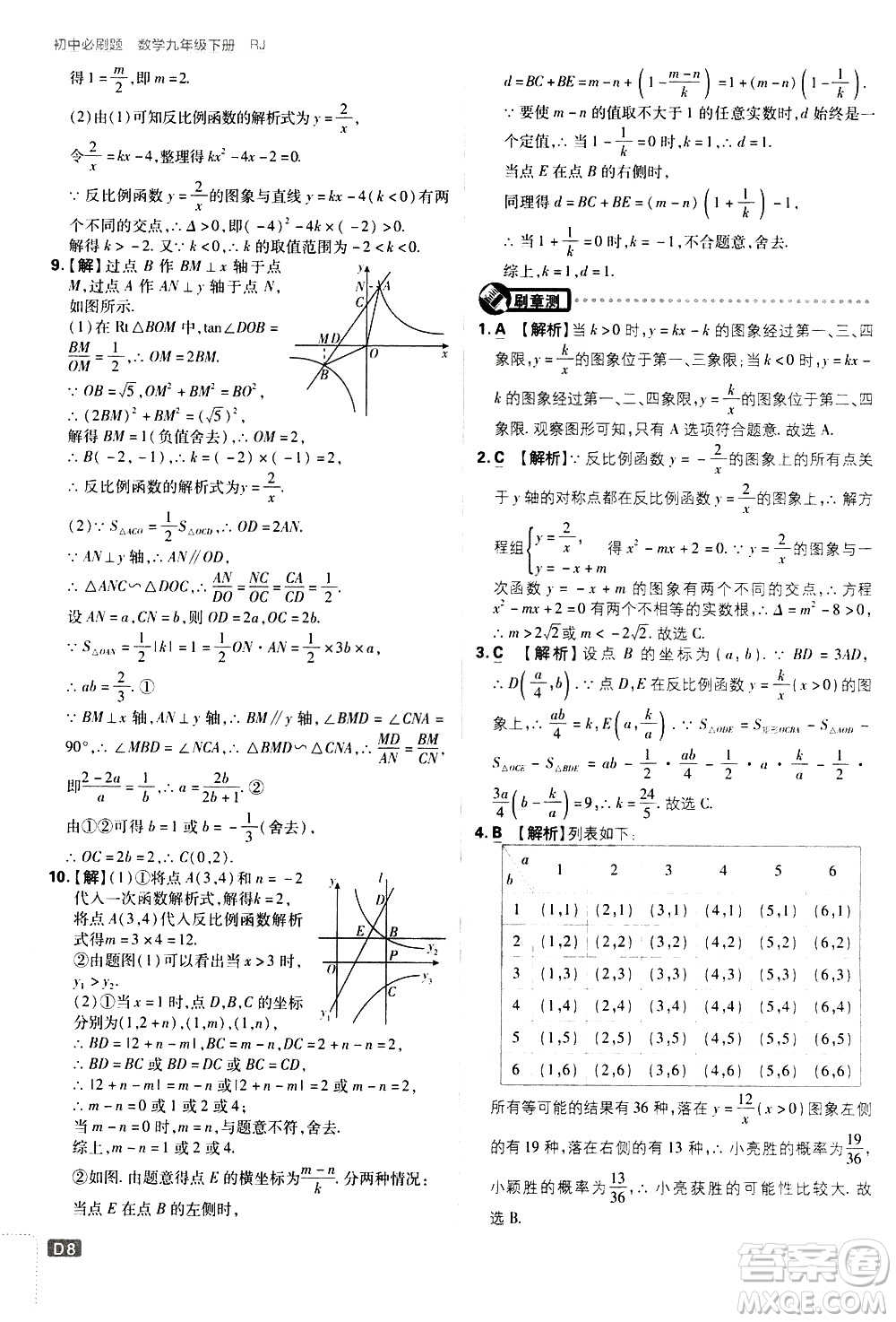 開明出版社2021版初中必刷題數(shù)學(xué)九年級下冊RJ人教版答案