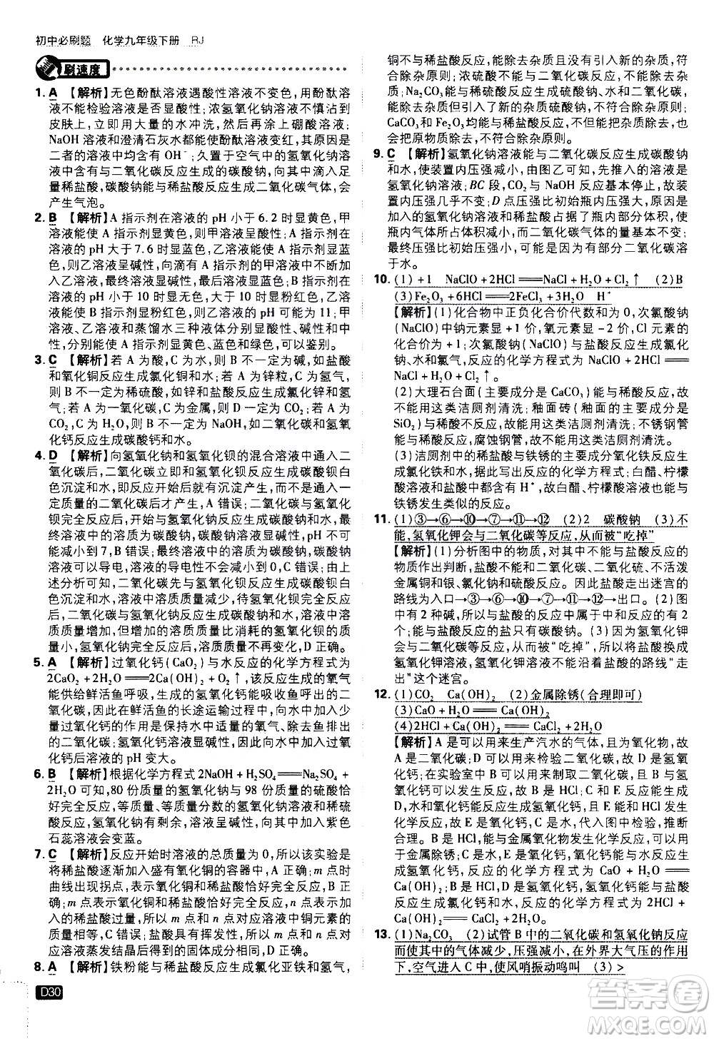 開明出版社2021版初中必刷題化學九年級下冊RJ人教版答案