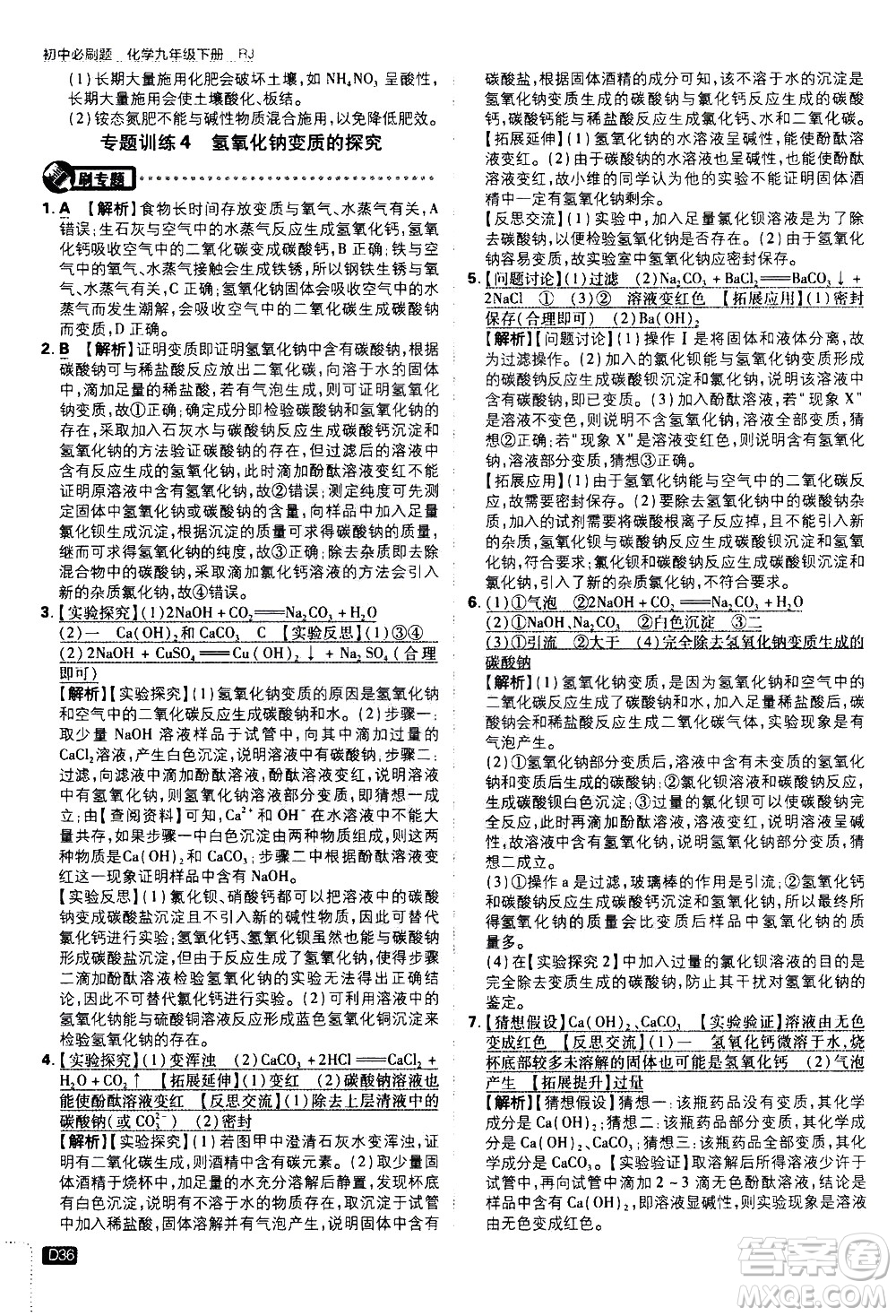 開明出版社2021版初中必刷題化學九年級下冊RJ人教版答案