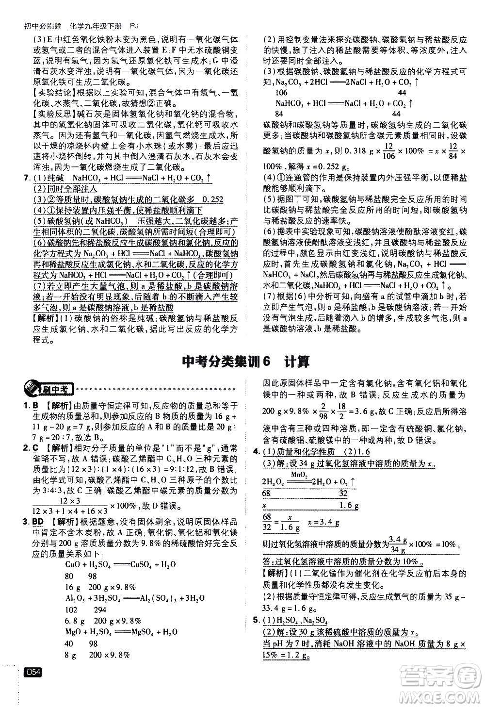 開明出版社2021版初中必刷題化學九年級下冊RJ人教版答案