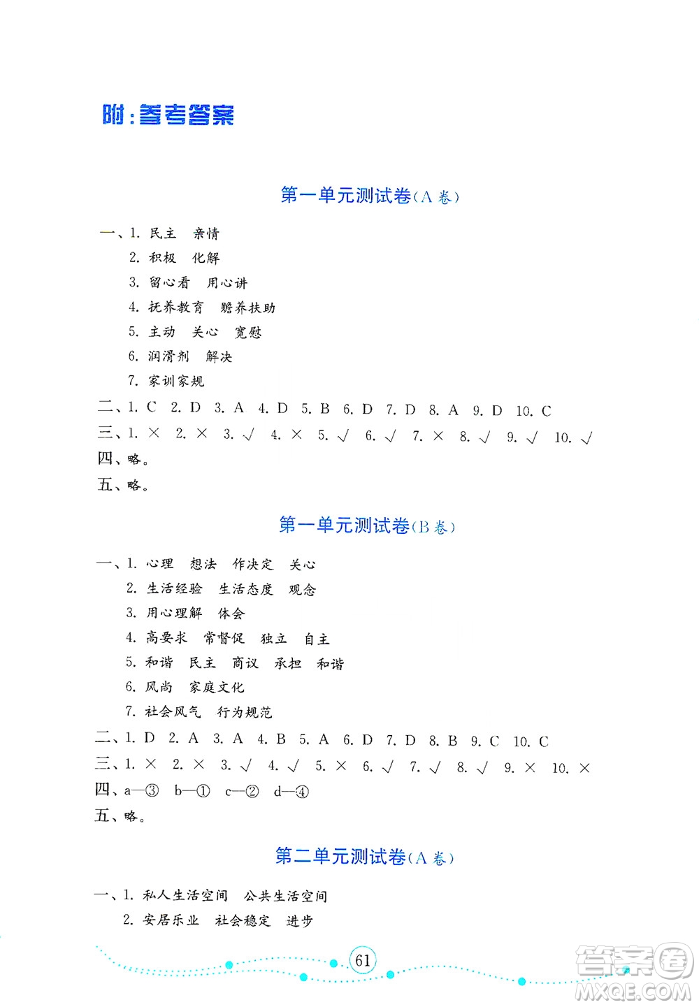 山東教育出版社2021年小學(xué)道德與法治金鑰匙試卷五年級下冊人教版答案