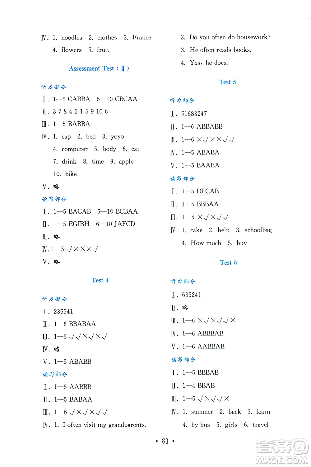 山東教育出版社2021年小學(xué)英語(yǔ)金鑰匙試卷四年級(jí)下冊(cè)金版魯科版答案