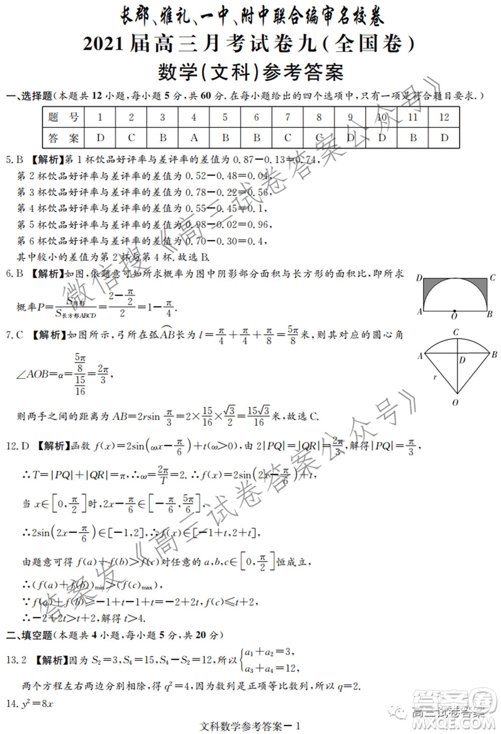 長郡雅禮一中附中聯(lián)合編審名校卷2021屆高三月考試卷九全國卷文科數(shù)學(xué)試卷及答案