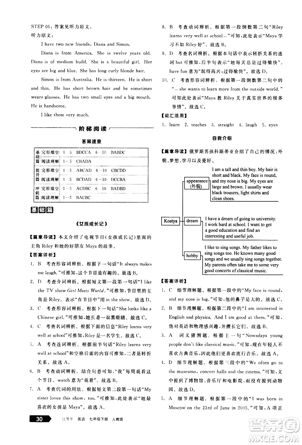 陽光出版社2021練就優(yōu)等生英語完形填空閱讀理解七年級下冊新課標RJ人教版答案