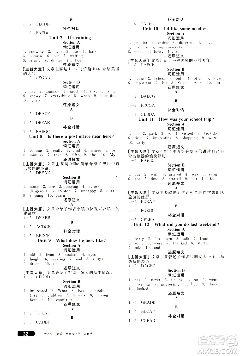 陽光出版社2021練就優(yōu)等生英語江西特色題型專練七年級下冊新課標(biāo)RJ人教版答案