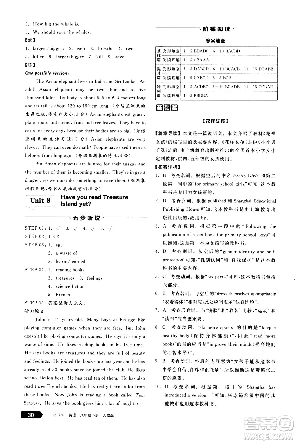 陽(yáng)光出版社2021練就優(yōu)等生英語(yǔ)完形填空閱讀理解八年級(jí)下冊(cè)新課標(biāo)RJ人教版答案